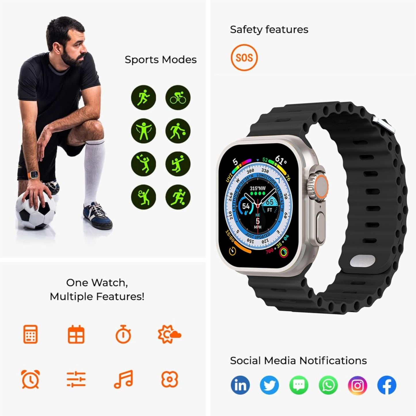 Esteper T800 Ultra Smart Watch with Beautiful Strap, Bluetooth Calling Smart Watch, 1.99" Touch Display with Fitness & Outdoor, Health & Medical Tracker, 8 Unique UI Interactions (Black)